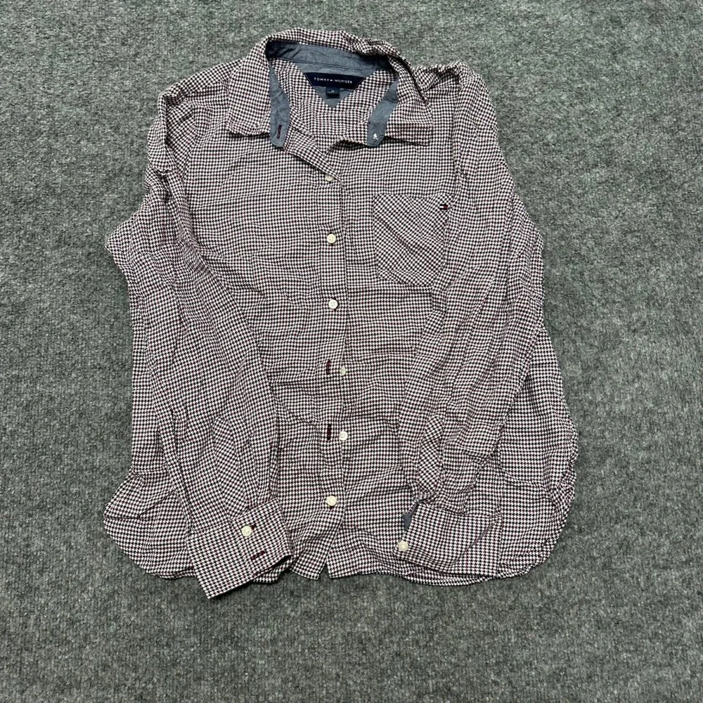 Tommy Hilfiger Button Down Womens Size M Burgundy Houndstooth Cotton Long Sleeve